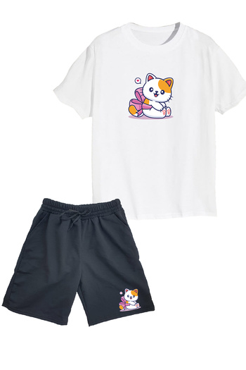 makiteks Set of 2 Printed Girls' Cotton Shorts Tshirt Suit Kitty Cat 5 6 7 8 9 10 11 12 13 14 Years Old T-Shirt