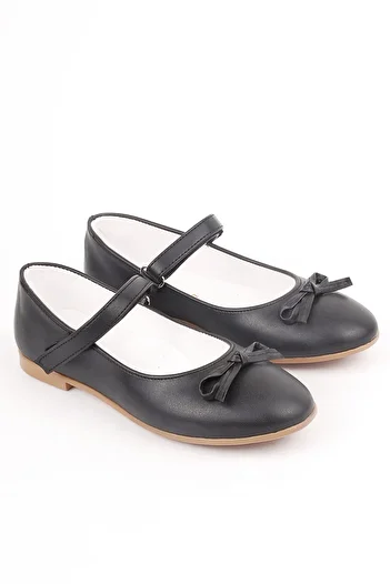 Rıdvan Çelik Bowknot Girl's Daily and Evening Dress Ballerina Shoes Black Skin Tan Sole