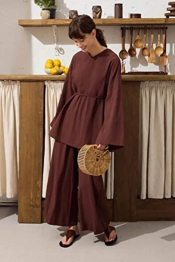 Hooopstore Cotton Blend Blouse Pants Copper Set