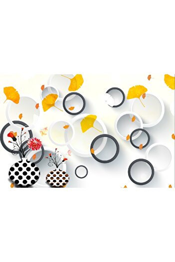 media Self-adhesive and washable wall mural Leaves and circles black and white, 220 x 135 cm