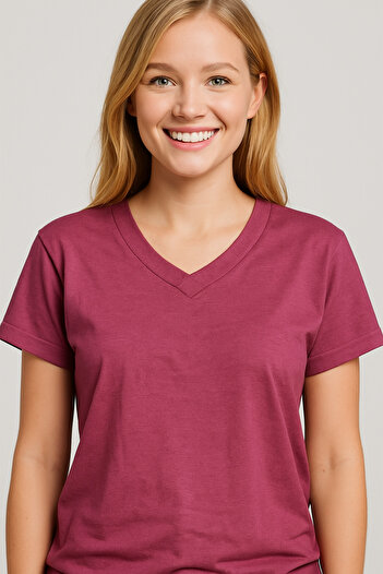 İpek Tekstil 100% Cotton Women's Combed Modal Overlay V-Neck Slit Detailed T-Shirt