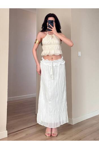 LOCH BUTİK Women's Crashed Waist Giped Detail Fringe Lined White Skirt