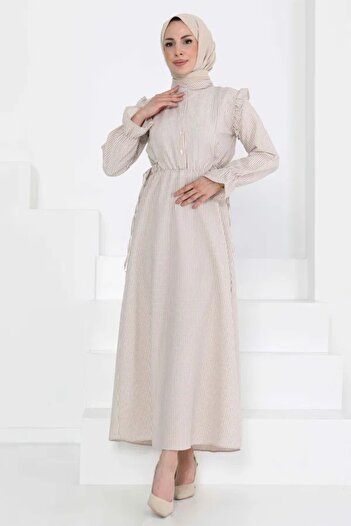 SHİROSA Seersucker Striped Lace-Up Ruffle Detail Hijab Long Dress