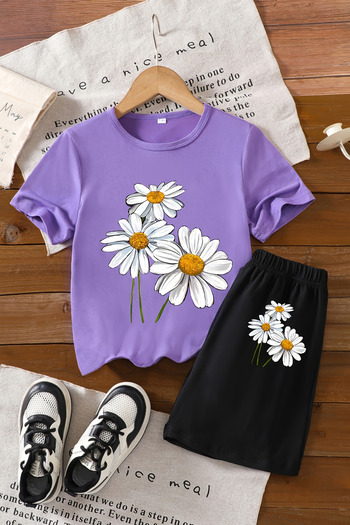 MYADA Special Design Daisy Printed Shorts Girl's Suit 24046
