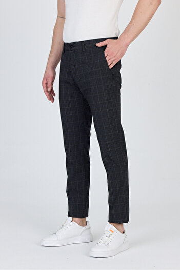 Frappoli Ecmio Erkek Siyah Ekose Keten Görünümlü İnce İlkbahar-Yaz Slim Fit Pantalon