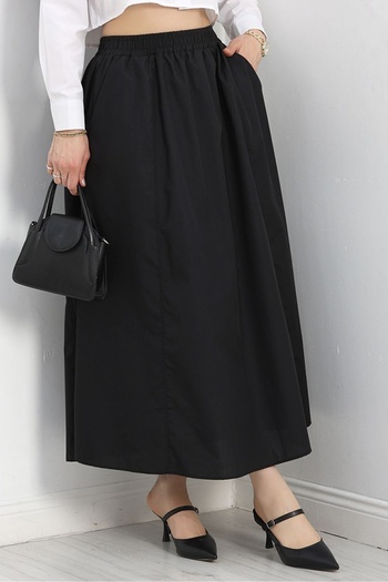 Bestenur Elastic Waist Linen Skirt 1535 - Black