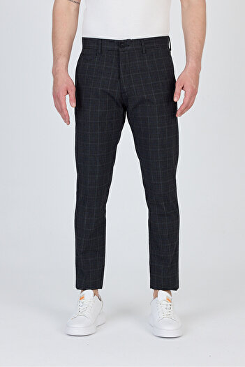 Frappoli Ecmio Men's Black Plaid Linen Look Slim Spring-Summer Slim Fit Pantalon