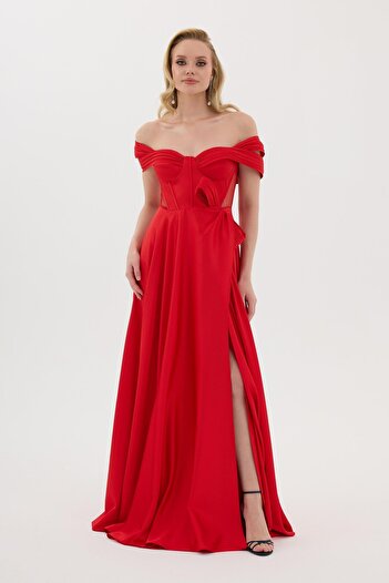 Carmen Red Low Collar Slit Satin Evening Dress