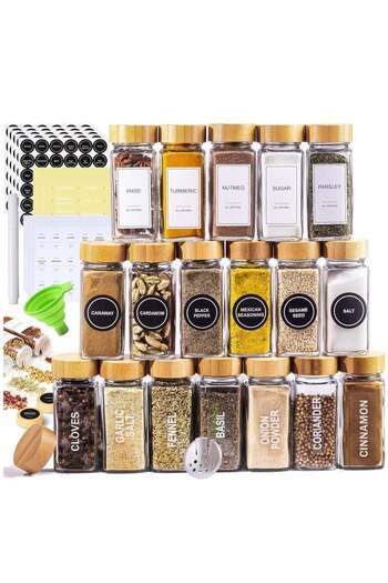 sharpdo Glass Spice Jars - Set of 24, with Bamboo Shaker Lids & Funnel - Kitchen Spice Containers an