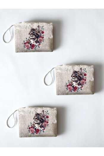 lili hediyelik Floral Cat Printed 3-Piece Handbag Coin Bag