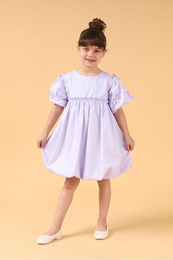 Magu Girls' Cotton Bow Balloon Sleeve Dress
