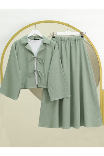 Modamorfo Crinkle Suit with Tie Front Skirt - Water Green