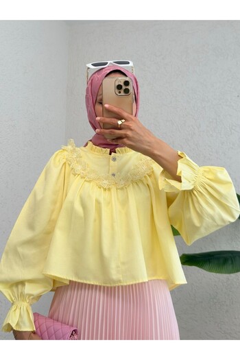 Modamorfo Floral Detailed Shirt with Elastic Sleeves - Light Yellow