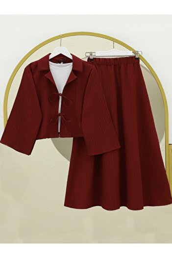 Modamorfo Crinkle Suit with Tie Front Skirt - Burgundy