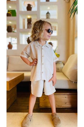 Cigit Embroidered Sleeves Shirt Shorts Linen Set 2-7 Years Natural