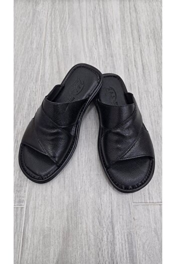 MODESA BY KAVCAR Genuine Real Leather Men's Slippers Summer Lightweight Anti-Sweat Slippers Leather Black