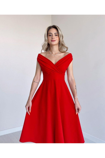 Masspera Double Breasted Collar Drop Sleeve Skirt Flounced Design Flared Midi Length Evening Dress