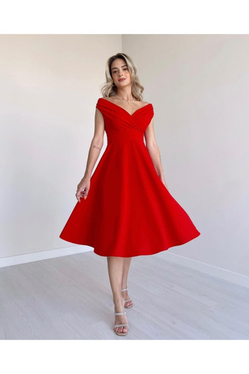 Masspera Double Breasted Collar Drop Sleeve Skirt Flounced Design Flared Midi Length Evening Dress