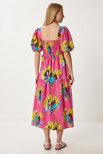 Happiness İstanbul Kadın Pembe Sarı Desenli Yazlık Midi Poplin Elbise FK00017