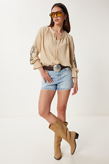 Happiness İstanbul Women's Beige Embroidery Embroidered Linen Blouse Dd01350