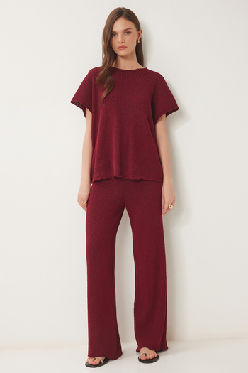 Happiness İstanbul Kadın Bordo Triko Bluz Pantolon Takım DP00240