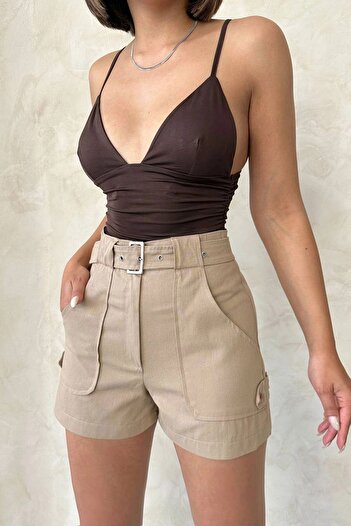 bacc Beige Self Belt Pocket Gabardine Summer Shorts Bchn-2525289