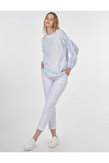 Kayra Floral Patterned Ruffle Sweatshirt Blue