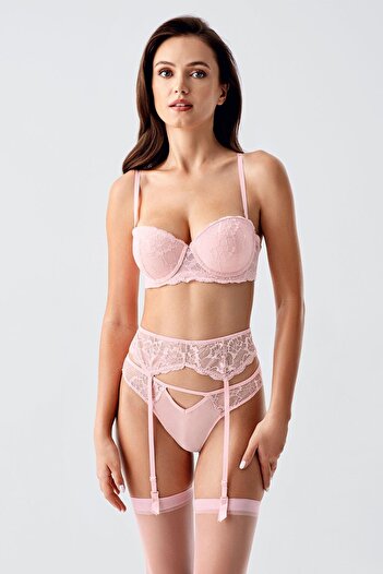 C&City Unpadded Bra Set with Garters and Stockings with String Straps C14168 Powder