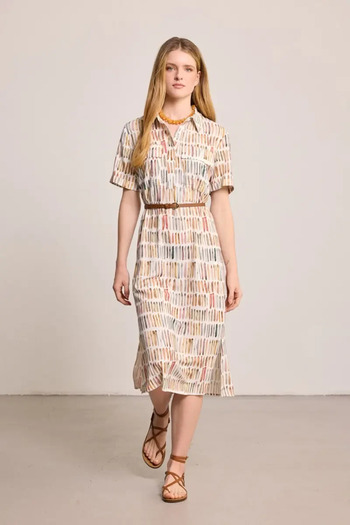 Gusto Kelebek Collection Waist Belted Shirt Dress - Beige