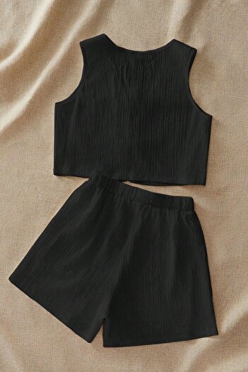 Trendseninle Women's Black Ribbed Shorts Tie-Up Suit