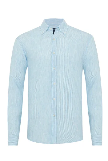Germirli Albini Turquoise White Striped Button Collar Pure Linen Shirt