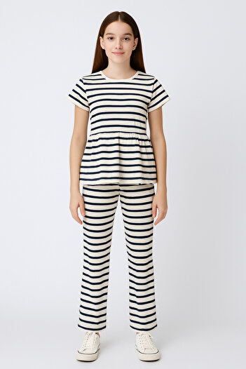 Ramior Girls Navy Blue Striped Ruffle T-Shirt & Pants Two-Piece Set