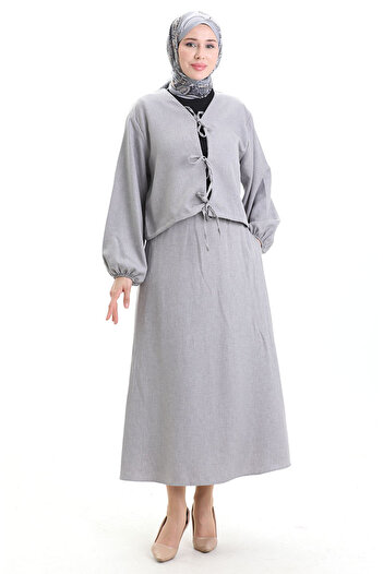 sefamerve Lace Detailed Blouse Skirt Double Set 2066-02 Gray