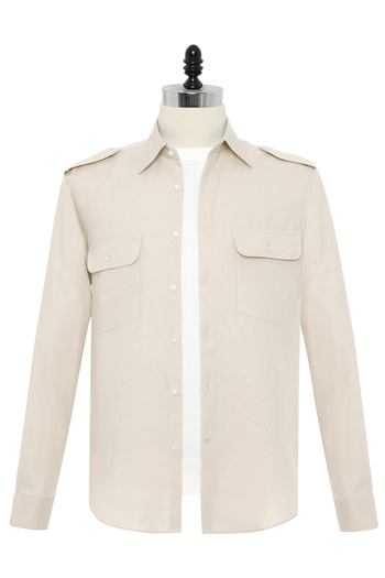 Germirli Sand Beige Color Cotton Epaulet Cover Pocket Foldable Sleeve Hi Shirt