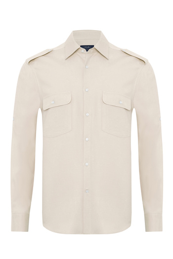 Germirli Sand Beige Color Cotton Epaulet Cover Pocket Foldable Sleeve Hi Shirt