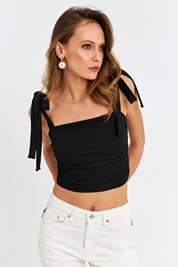 Cool & Sexy Women's Black Shoulder Tie Crop Blouse B5023-90