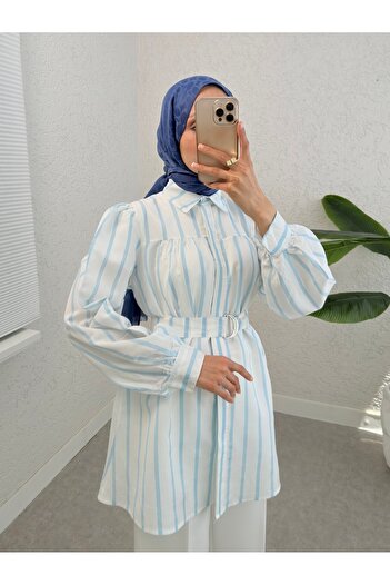 Modamorfo Thick Striped Buckle Belted Shirt - Light Blue
