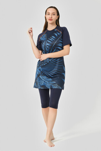 ALFASA Quick Dry Patterned Raglan Half Sleeve Semi Covered Hijab Swimsuit 24708-25 Navy Blue
