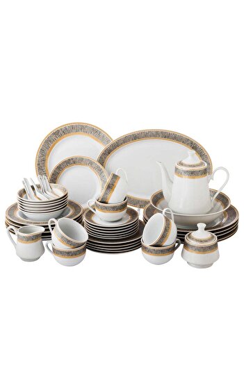 Dania Danya Dinner Set Porcelain 49 Pieces White with Golden Stripe Serves 6