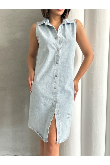 Miss Prova Floor-Length Snap Closure Embroidery Detail Zero Sleeve Denim Dress Misselb3453