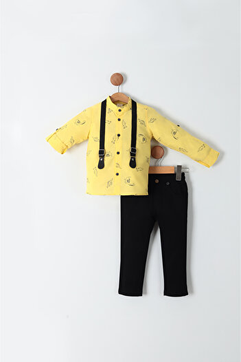 Pollito Boy's Dinosaur Print Cotton Shirt Gabardine Pants 3 Piece Set