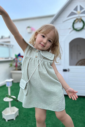 Minipodyum Kız Bebek Yakası Nakışlı Çantalı Bayramlık Keten Elbise