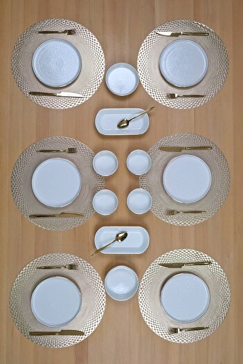 Glore Reactive Cream Gold Gilded 14 Piece Breakfast Set for 6 People
