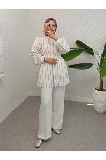 Modamorfo Beige Shirt with Thick Stripes and Belt