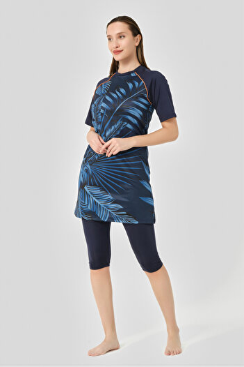 ALFASA Quick Dry Patterned Raglan Half Sleeve Semi Covered Hijab Swimsuit 24708-25 Navy Blue