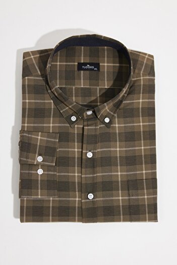 Tudors Men's Big Size Large Size Long Sleeve Plaid Ribbed Collar Buttoned Shirt