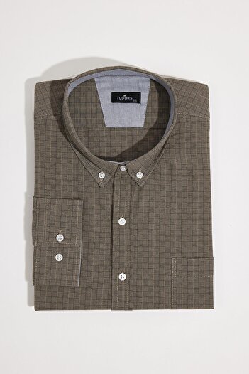 Tudors Men's Big Size Large Size Buttoned Collar Small Checkered Cotton Shirt