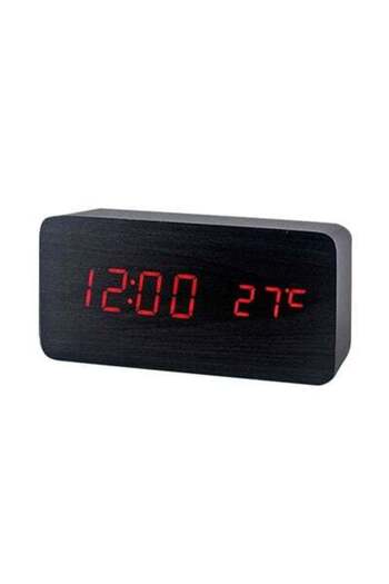 HALAMODO LED Wood Grain Alarm Clock With Temperature Display Black 15cm