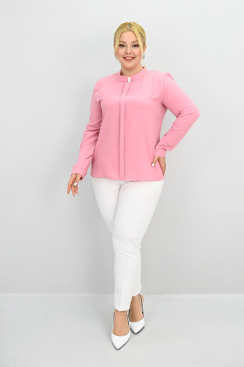 Koza Butik Women's Plus Size Judge Collar Stone Brooch Detailed Blouse 0034-25