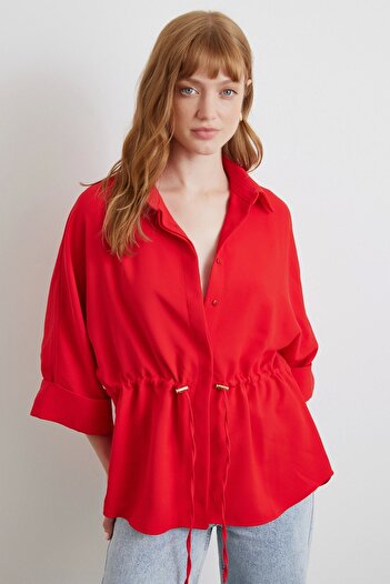 Never more Gathered Kimono Shirt Red